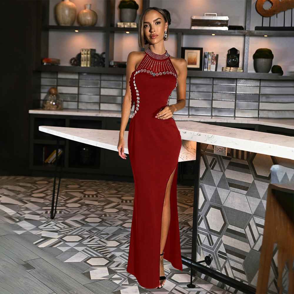 Sexy Sleeveless Split Dress Diamond Maxi Dress Evening Dress Women