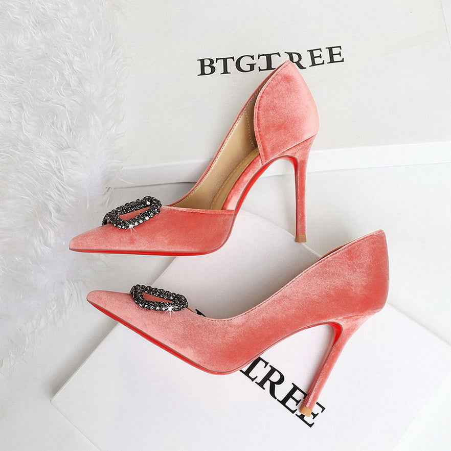 French Elegant Lady Ultra High Heel Stiletto Heel Red Bottom High Grade Rhinestone V Buckle Suede Shoes