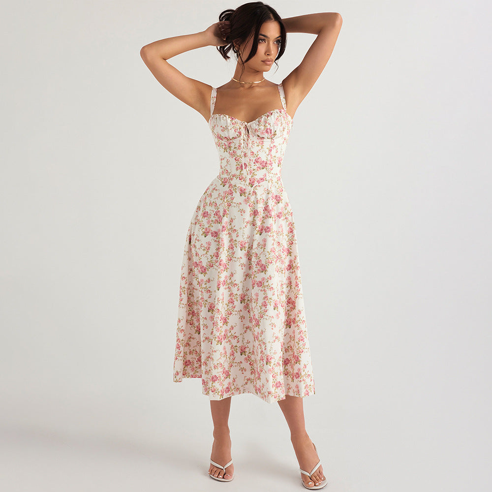 Women  Clothing Sexy Backless Slim Fit Strap Dress Vacation Floral Split Mid Length Dress