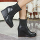 Autumn Winter Thick Bottom Wedge Martens Boots Leather round Head Slip on Short Tube Single Layer Boots