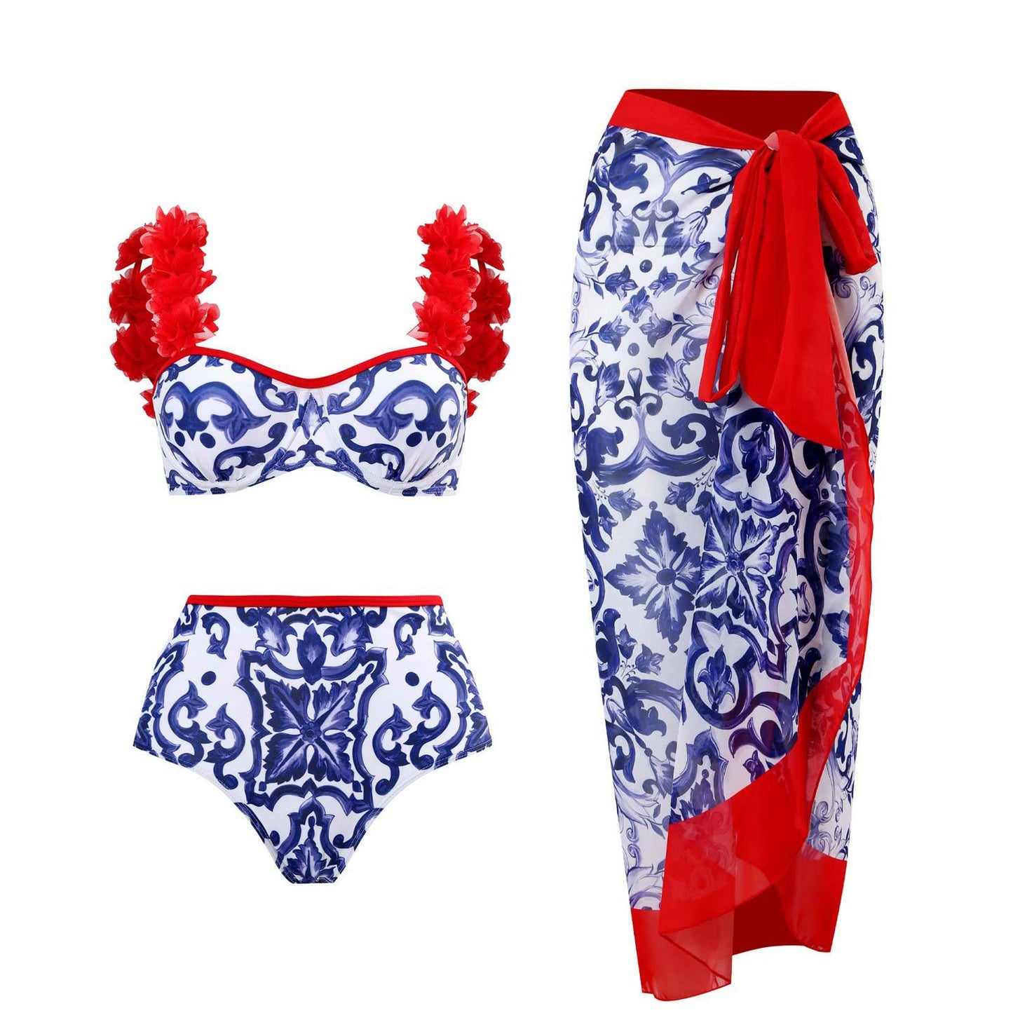Maillot de bain rétro fendu trois pièces maillot de bain jupe de plage à lacets