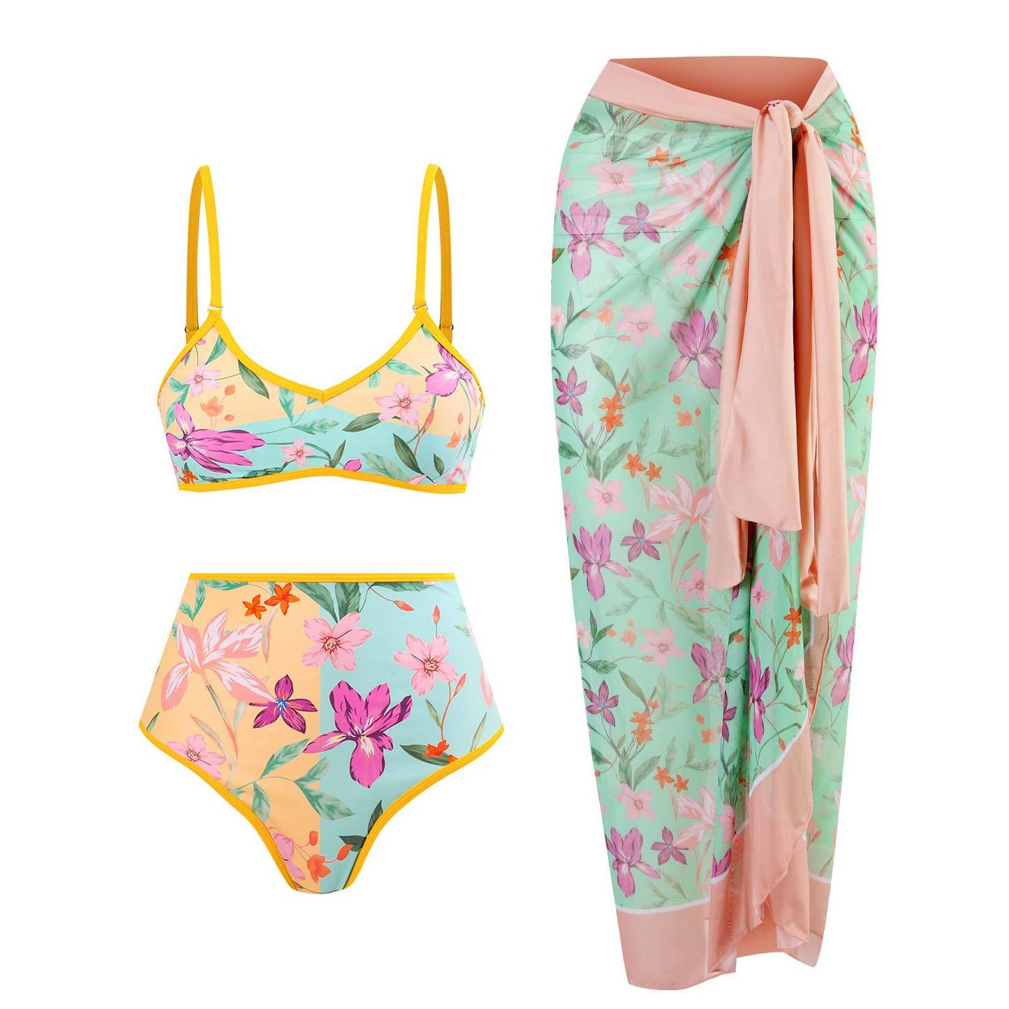 Maillot de bain rétro fendu trois pièces maillot de bain jupe de plage à lacets