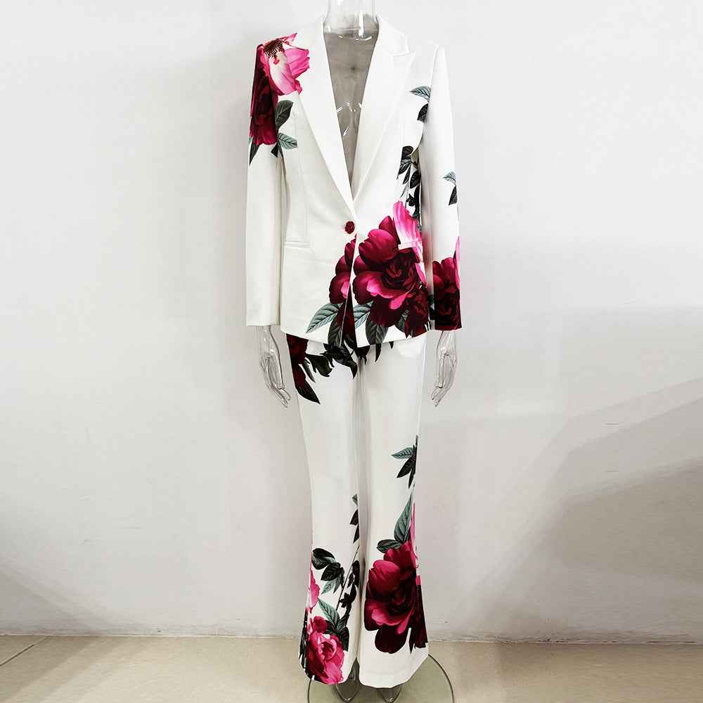 Two Piece Set Spring Summer Beautiful Digital Printing Blazer Trousers Set