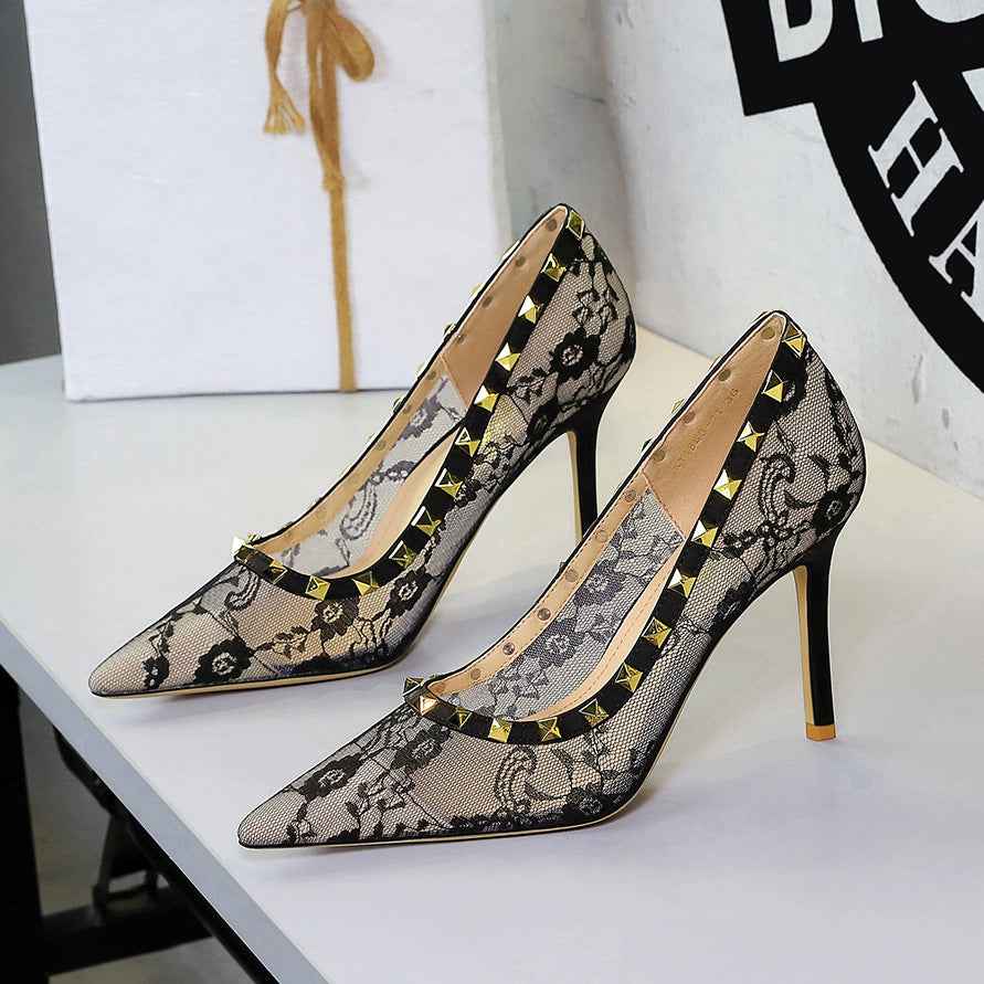 Sexy Lace Mesh Pointed Toe Super High Heel Women Shoes Decorative Rivets Low Cut Stiletto Heel Pumps