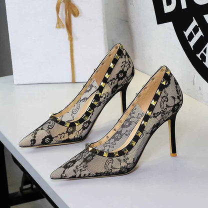 Sexy Lace Mesh Pointed Toe Super High Heel Women Shoes Decorative Rivets Low Cut Stiletto Heel Pumps
