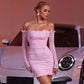 Women Clothing Elegant off Shoulder Wooden Ear Mesh Rhinestone Hip Wrapped Cocktail Dress