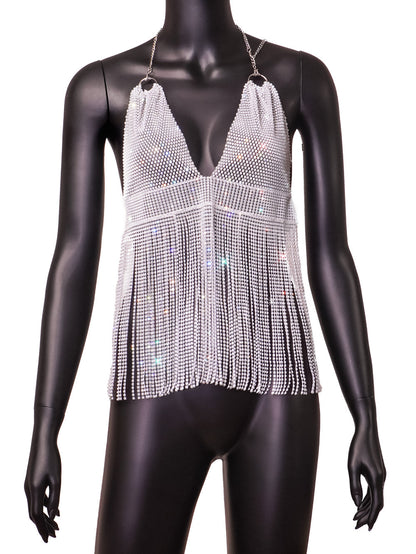 Summer Inner Wear Slim Backless Fishnet Rhinestone Tassel Suspender Vest