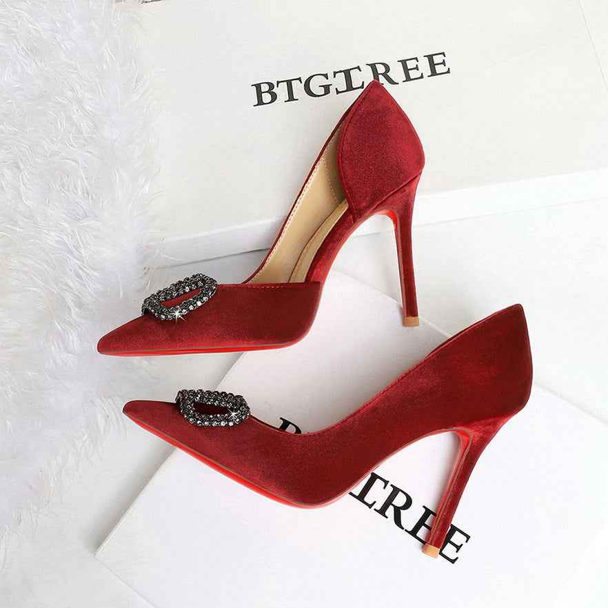 French Elegant Lady Ultra High Heel Stiletto Heel Red Bottom High Grade Rhinestone V Buckle Suede Shoes