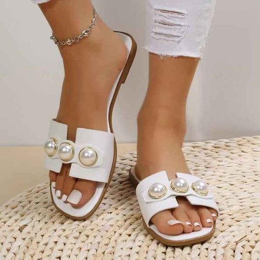 Pearl Flat Slippers Women Summer Solid Color Square Toe Outdoor Beach Slippers