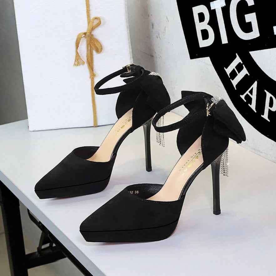Cocktail Black Platform Pointed Toe Buckle Suede Back Bow Rhinestone Sandals