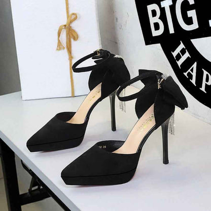 Cocktail Black Platform Pointed Toe Buckle Suede Back Bow Rhinestone Sandals