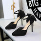 Cocktail Black Platform Pointed Toe Buckle Suede Back Bow Rhinestone Sandals