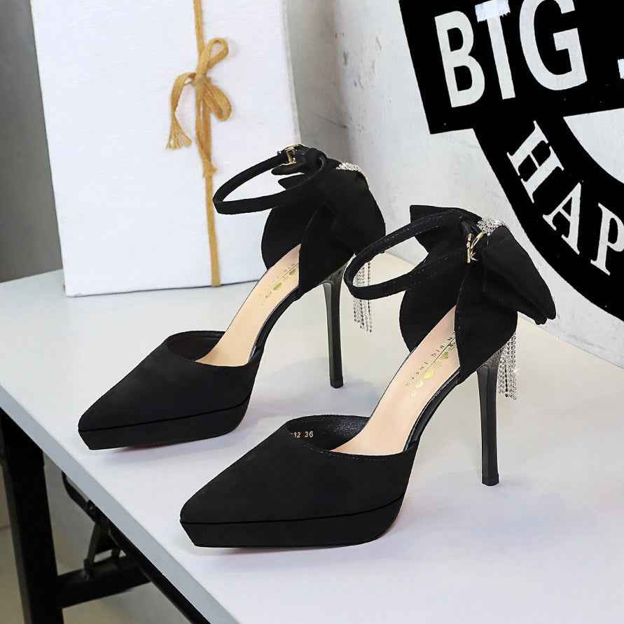 Cocktail Black Platform Pointed Toe Buckle Suede Back Bow Rhinestone Sandals