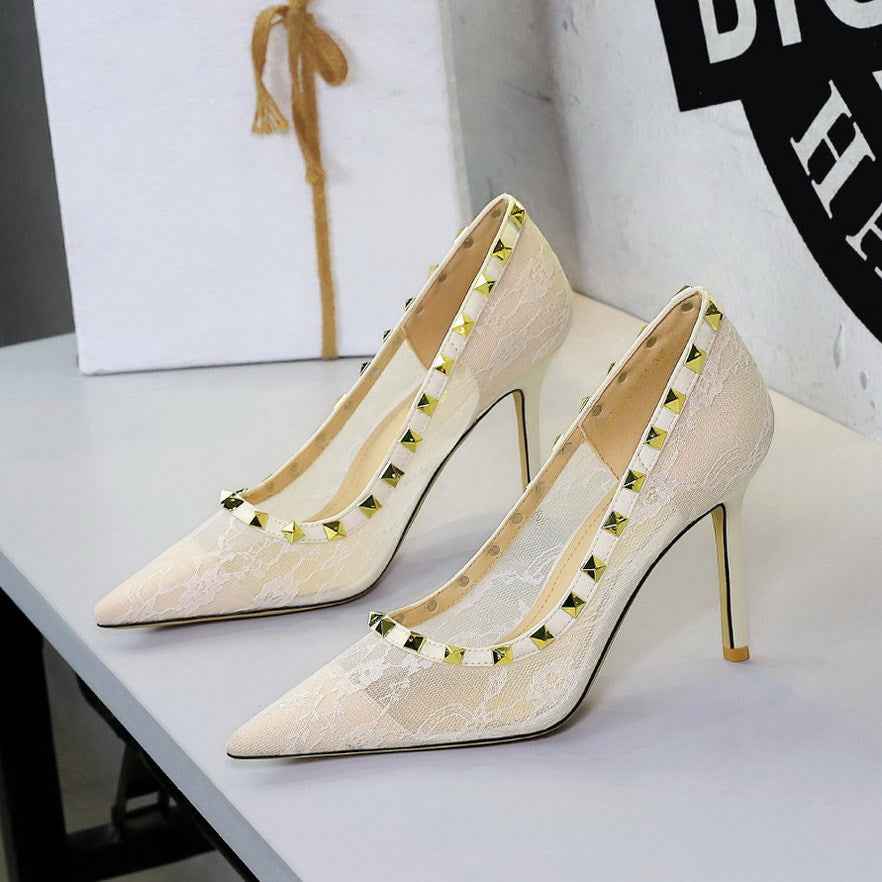 Sexy Lace Mesh Pointed Toe Super High Heel Women Shoes Decorative Rivets Low Cut Stiletto Heel Pumps