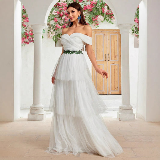 Elara Off-Shoulder Mesh Slim-Fit Wedding Gown