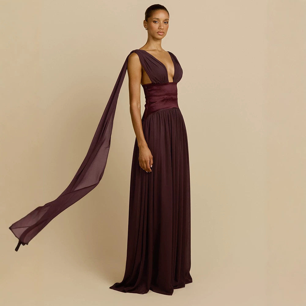 Anna Sleeveless Deep V Plunge Chiffon Evening Dress