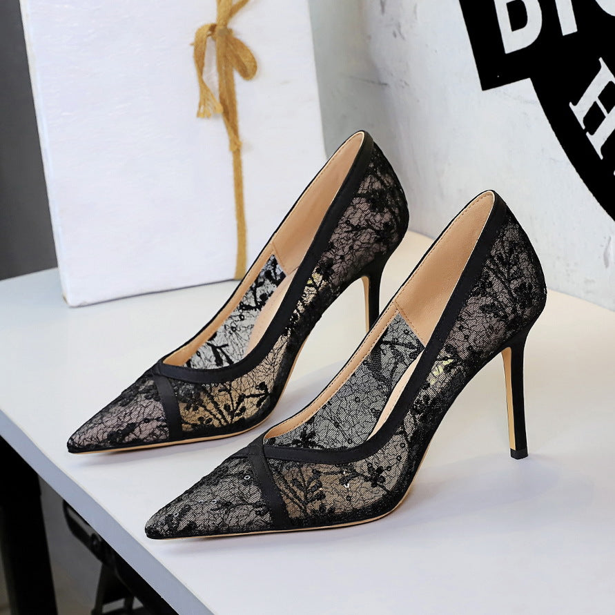 Cocktail Sexy Stiletto Heel Pointed High Heels Women Pumps Lace Shallow Mouth High Heels