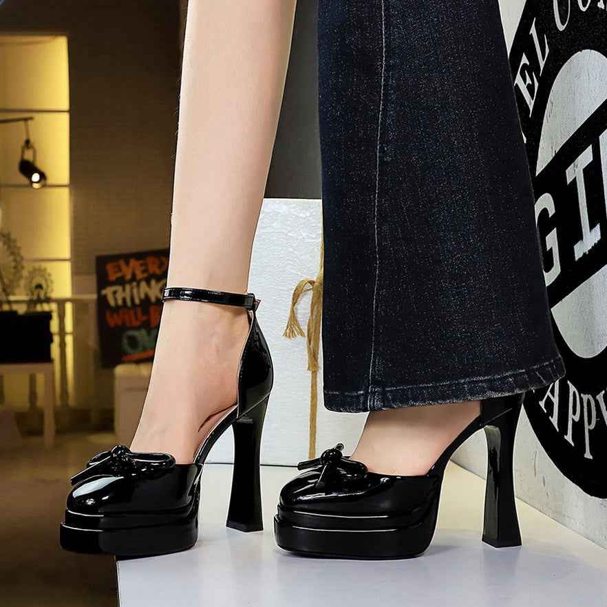 French Super High Heel Buckle Bowknot Women Shoes Double Layer Waterproof Platform Height Women Chunky Heels