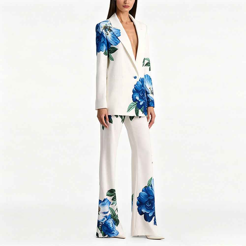 Two Piece Set Spring Summer Beautiful Digital Printing Blazer Trousers Set