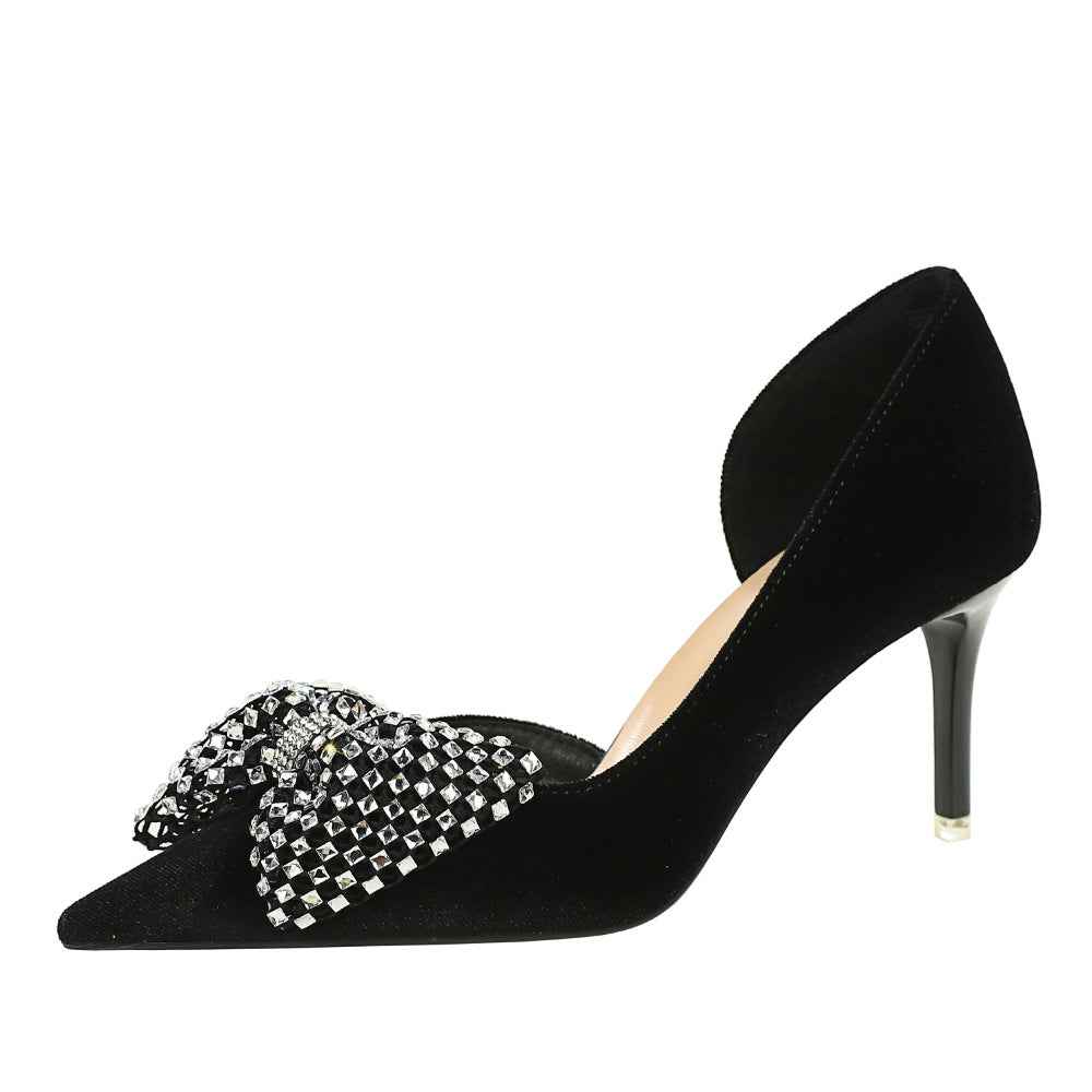 Super Large Rhinestone Bow Pointed Slip on Side Hollow Out Cutout Suede Pumps Women