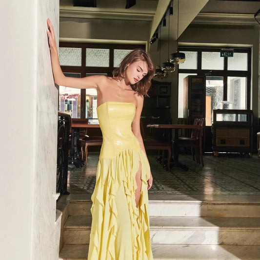 French Tight Waist Yellow Tube Top Dress Holiday Backless Summer Ruffles Women Clothing Tight Waist