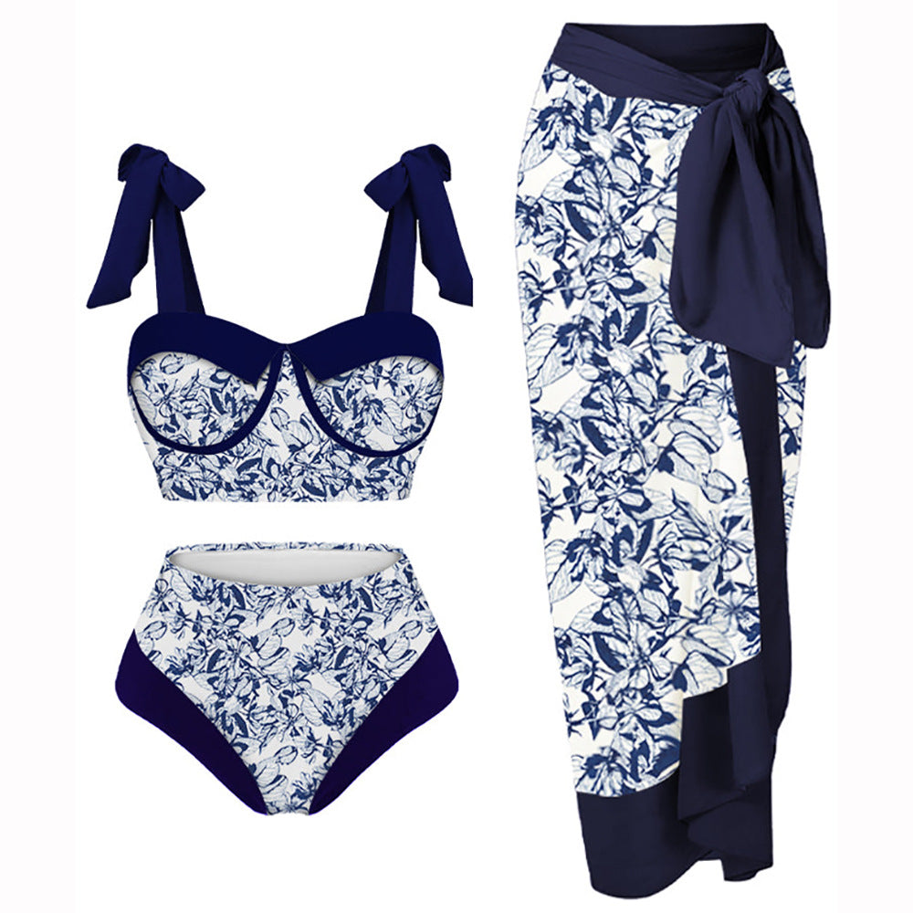 Maillot de bain rétro fendu trois pièces maillot de bain jupe de plage à lacets