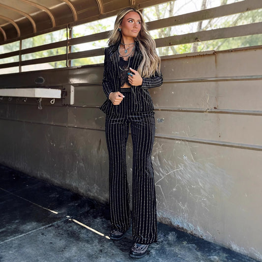 Rhinestone Velvet Work Pant Set Women Clothing One Button Long Sleeve Jacket Casual Pants