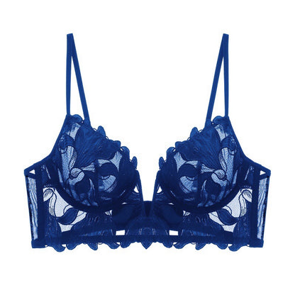 Embroidery Sexy Bra Women Deep V Plunge Plunge Steel Ring Push up Accessary Breast Push up Ultra-Thin Yarn Bra Fleur