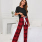 Solid Color round Neck T Printed Checks Women Casual Suit Homewear Pajamas Women