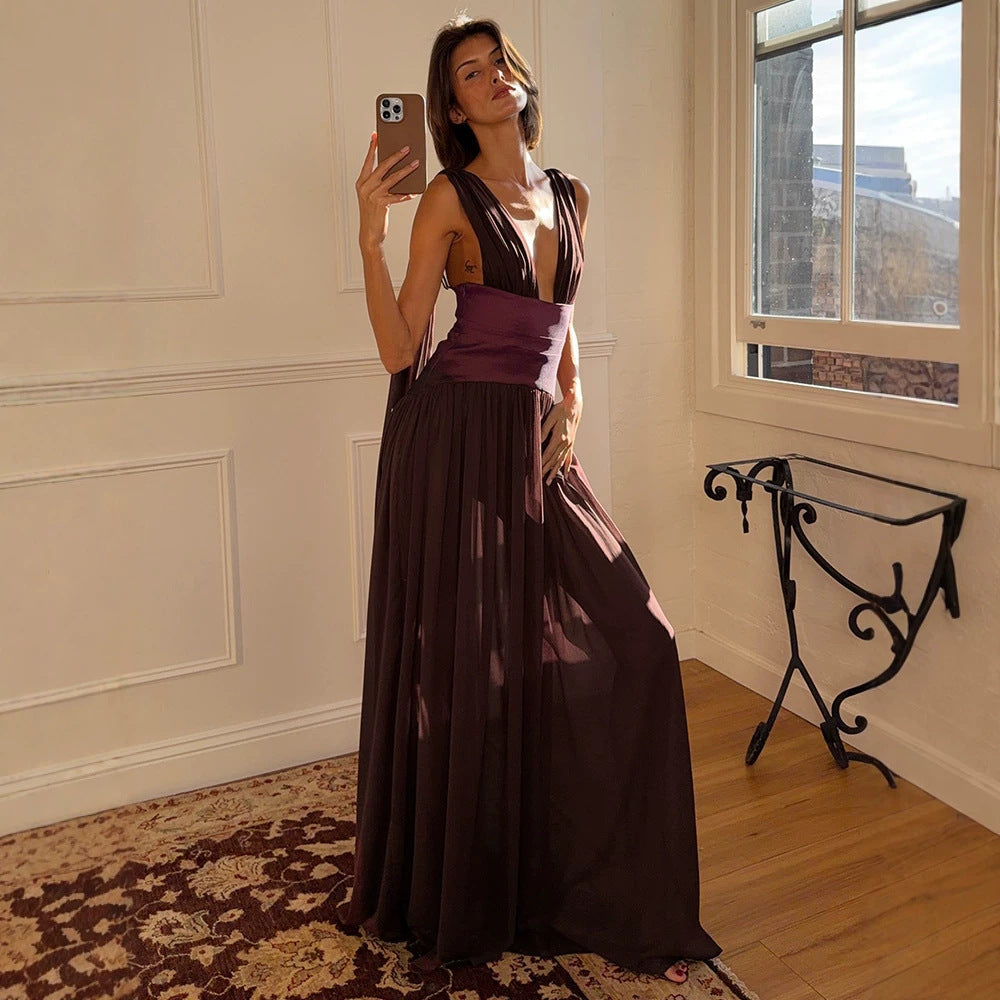 Anna Sleeveless Deep V Plunge Chiffon Evening Dress