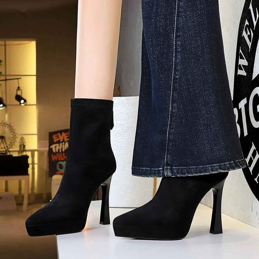 Chunky Heel High Heel Waterproof Platform Boots Women Pointed Toe Suede Stretch Single Boots Skinny Boots Nice Looking Short Boots