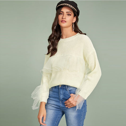 Autumn Winter Ladies Casual Knitted Sweater Mesh Ruffled Stitching Women  Top Sweater
