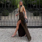 Women Clothing Solid Color Mesh Patchwork Slit Halter  Backless Elegant Dress