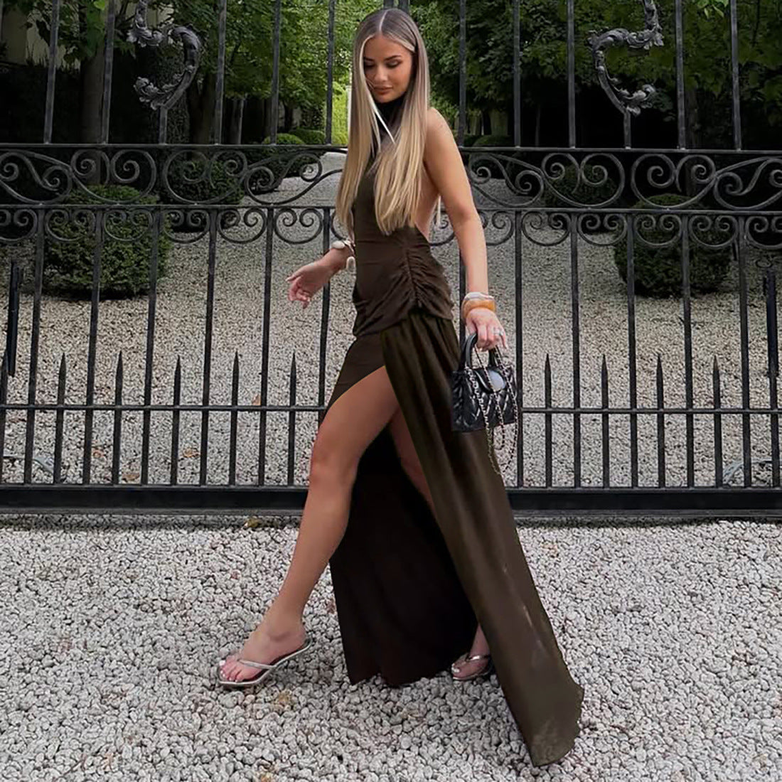 Women Clothing Solid Color Mesh Patchwork Slit Halter  Backless Elegant Dress
