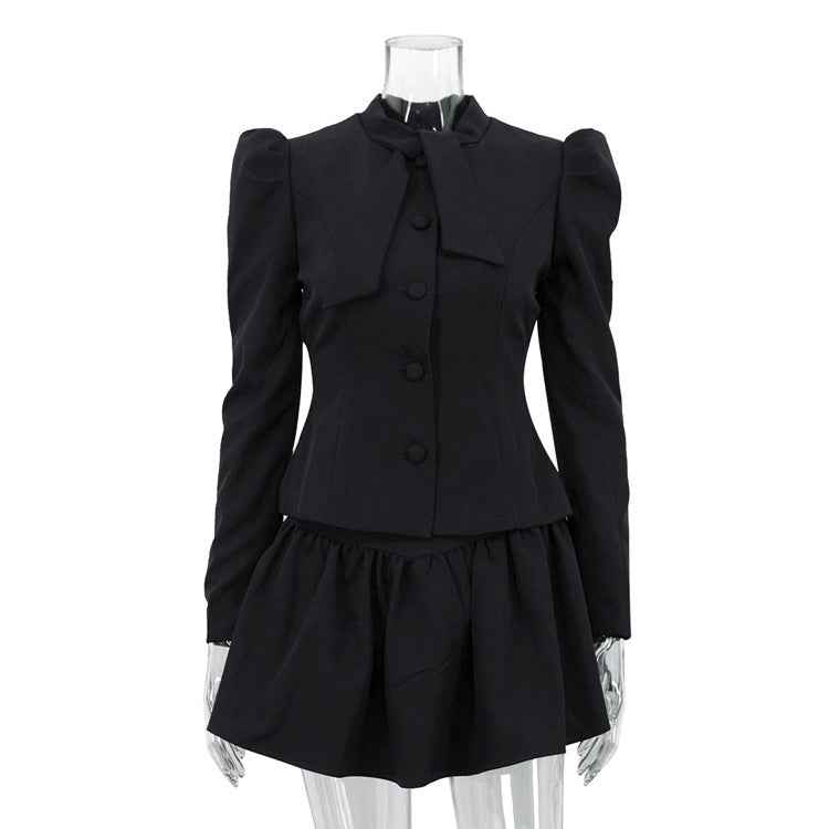 Niche Design Bow Tie Long Sleeve Top Skirt High Sense Two Piece Sets Elegant Outfit Women