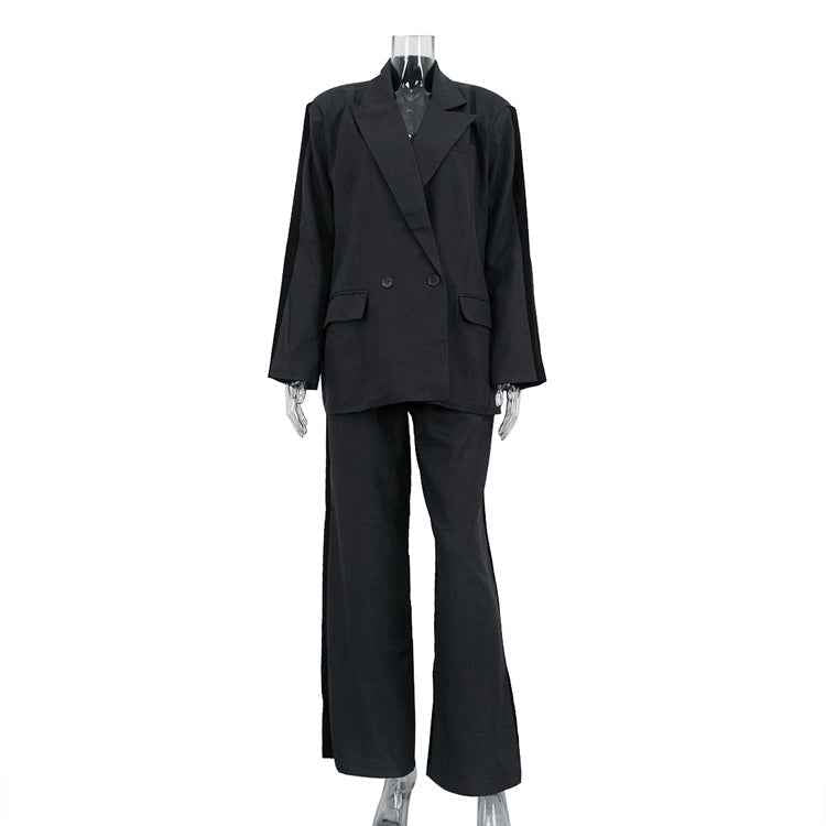 Loose Women Contrast Color Long Sleeves Turn down Collar Coat Wide Leg Pants Two Piece Set