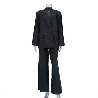 Loose Women Contrast Color Long Sleeves Turn down Collar Coat Wide Leg Pants Two Piece Set