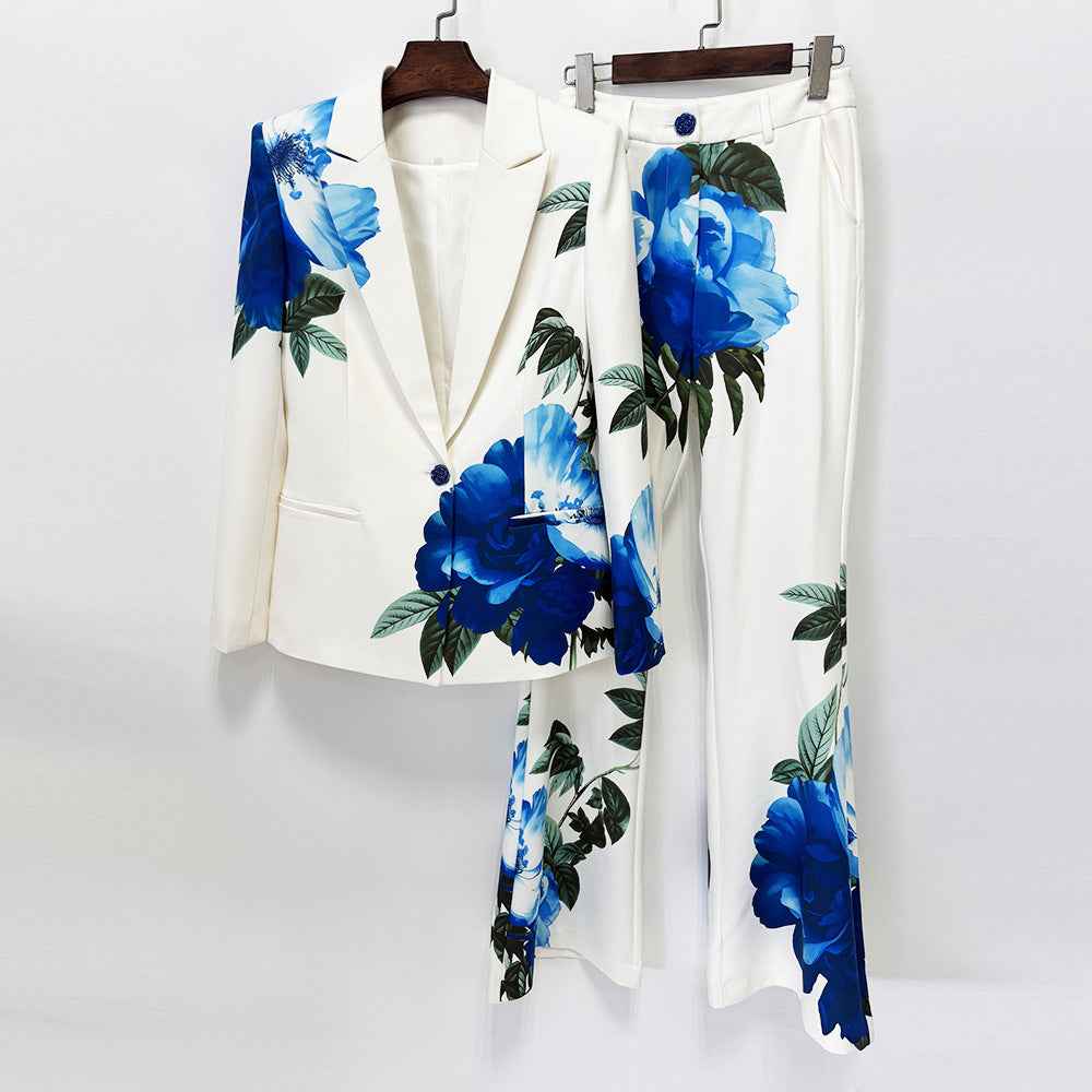 Two Piece Set Spring Summer Beautiful Digital Printing Blazer Trousers Set