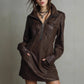 Autumn Winter Solid Color Faux Leather Long Sleeve Pocket Zipper Polo Collar Dress Women
