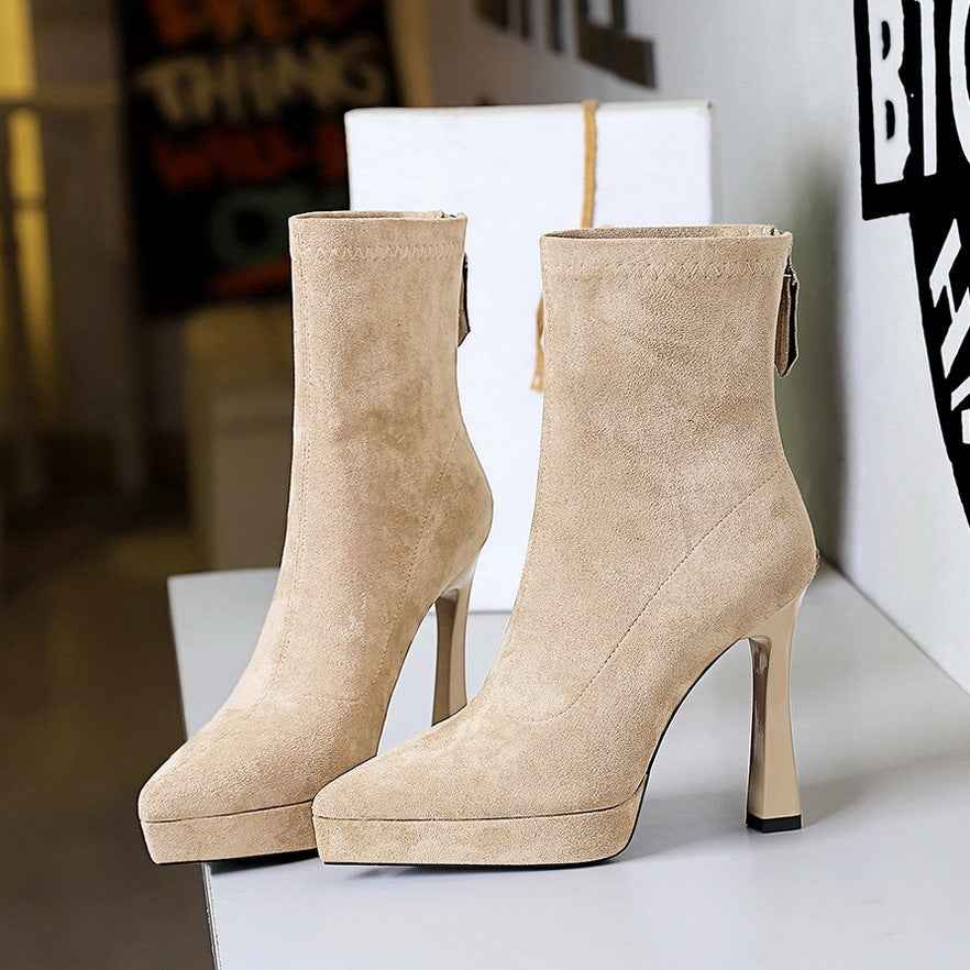 Chunky Heel High Heel Waterproof Platform Boots Women Pointed Toe Suede Stretch Single Boots Skinny Boots Nice Looking Short Boots