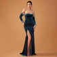 Ladies Dress Elegant Light Luxury Velvet Rhinestone Patch Lens off Shoulder Long Sleeve Fishtail Dress