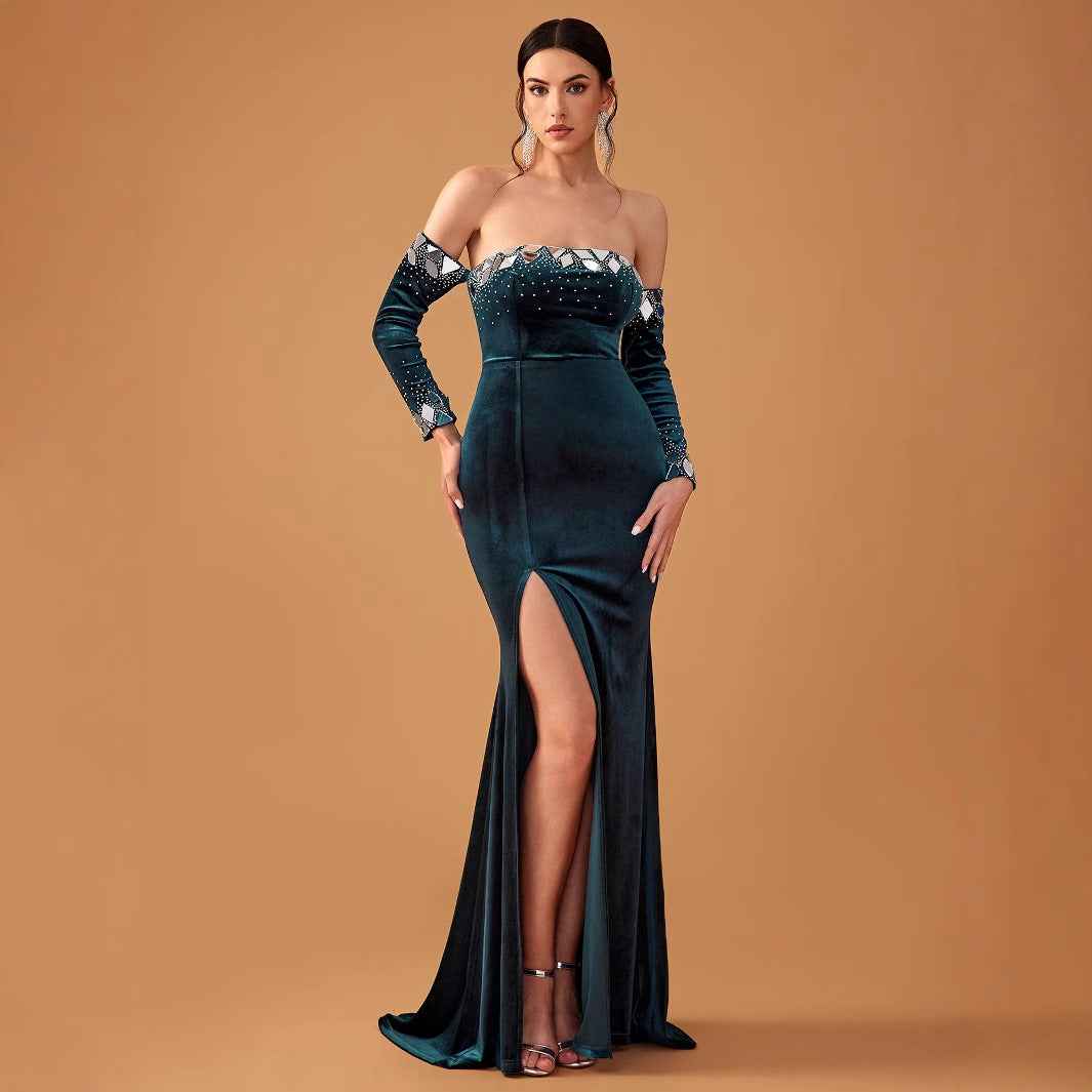 Ladies Dress Elegant Light Luxury Velvet Rhinestone Patch Lens off Shoulder Long Sleeve Fishtail Dress