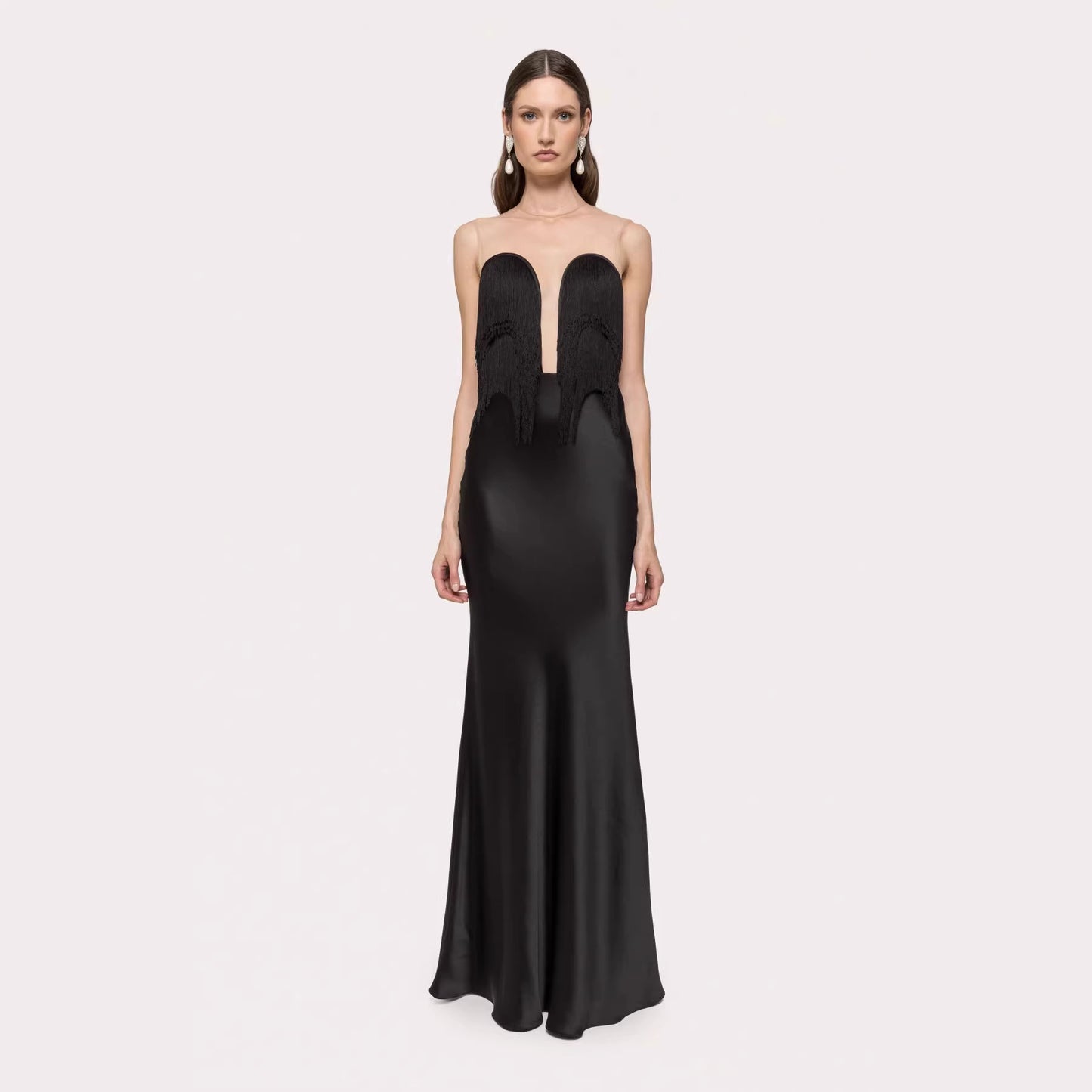 Black Tassel Tube Top Fishtail Draping V neck Slim Fit Evening Dress Wedding Party Maxi Dress