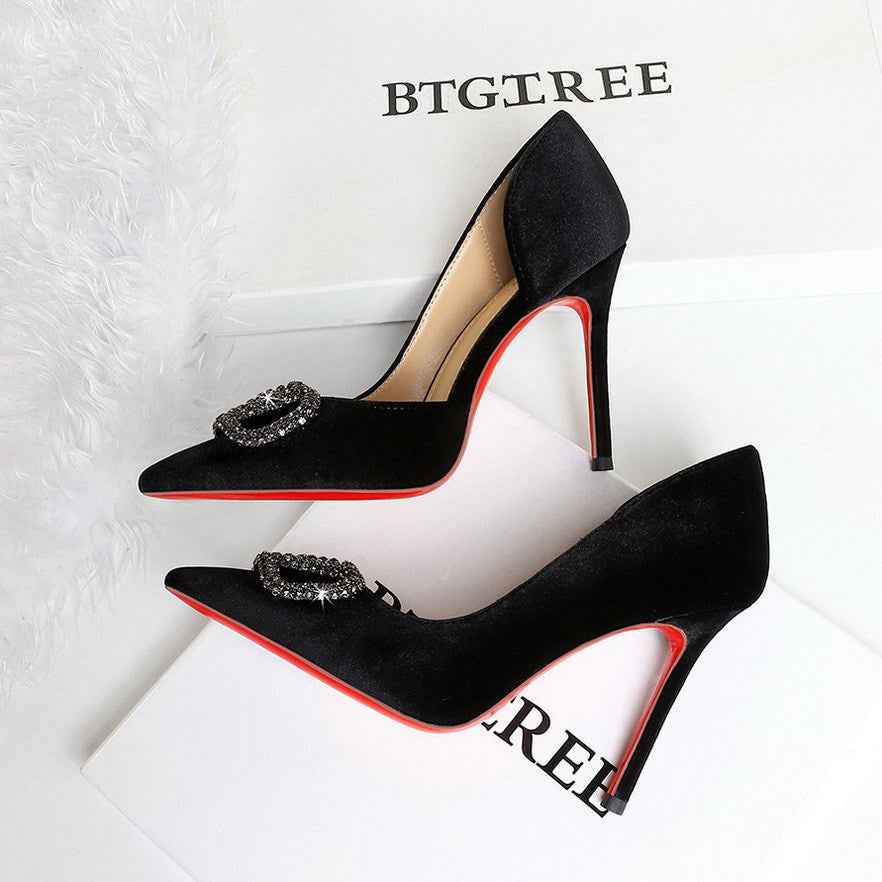 French Elegant Lady Ultra High Heel Stiletto Heel Red Bottom High Grade Rhinestone V Buckle Suede Shoes