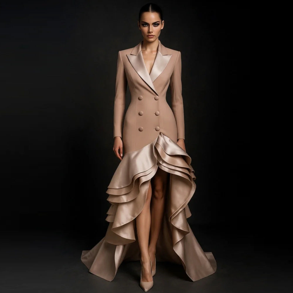 Anna Tailored Collar Ruffle Double-Breasted Slim Fit Occasion Dress