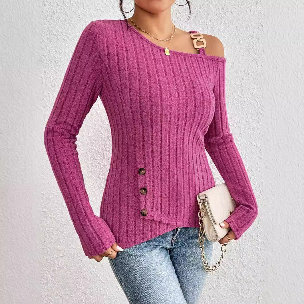 Maglietta da donna elegante autunno inverno tinta unita casual con spalle scoperte e orlo asimmetrico
