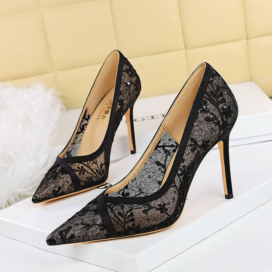 Cocktail Sexy Stiletto Heel Pointed High Heels Women Pumps Lace Shallow Mouth High Heels