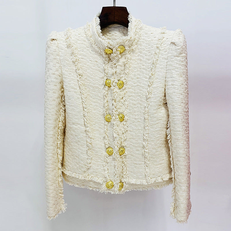 Autumn Winter Star Lion Buckle Tassel Fringe Tweed Stand Up Collar Jacket