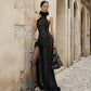 Mariangela Black Halter Lace High-Slit Backless Cocktail Dress