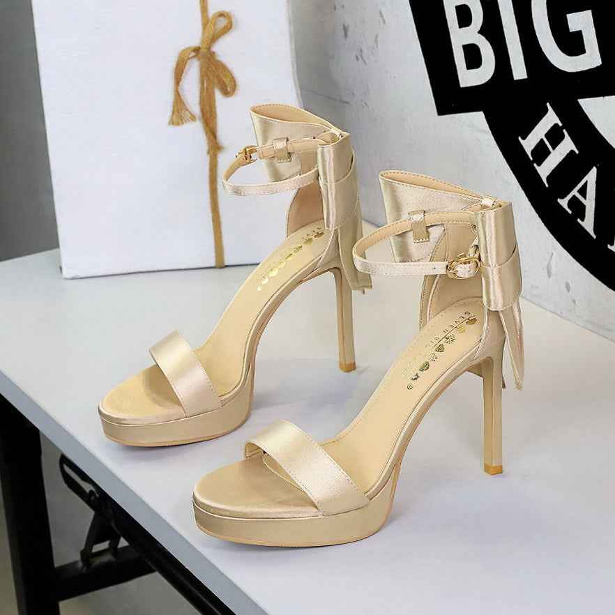 French Super High Heel Open Toe Platform with Back Big Bow Satin Outdoor Sandals Women